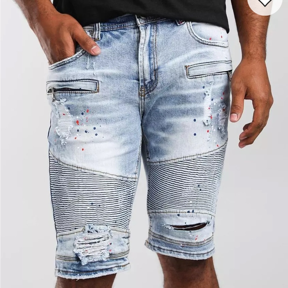 PREME Blue Distressed Jean Shorts with Moto Design